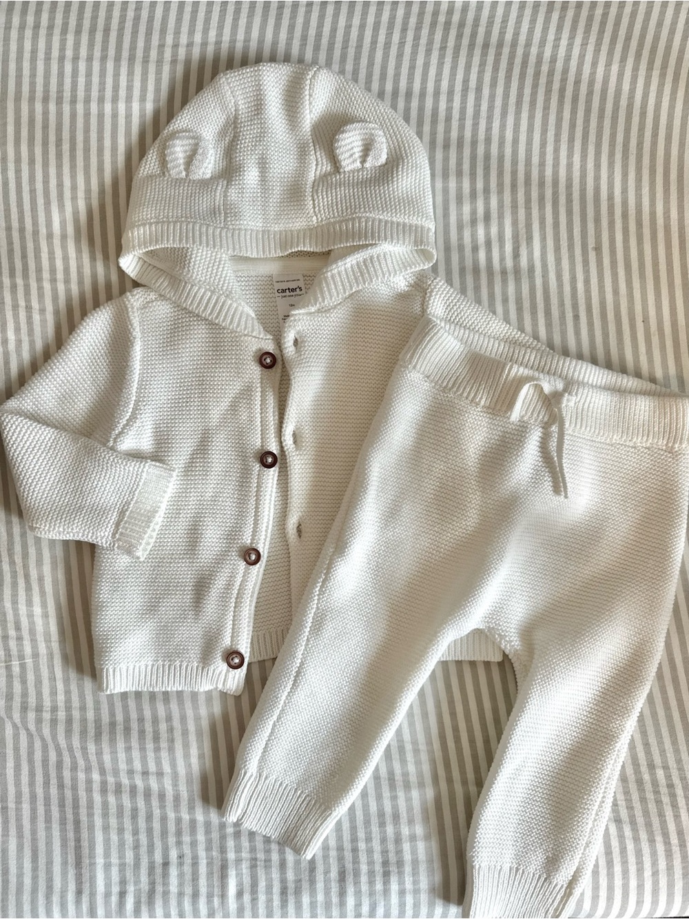 Carter's Baby 12M White Knit Hooded Set Like New